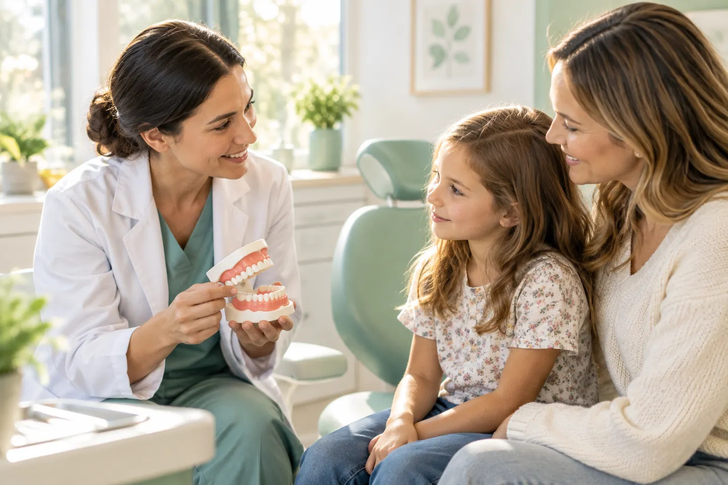 Illustrative dentist discussing a tooth model with a parent and child