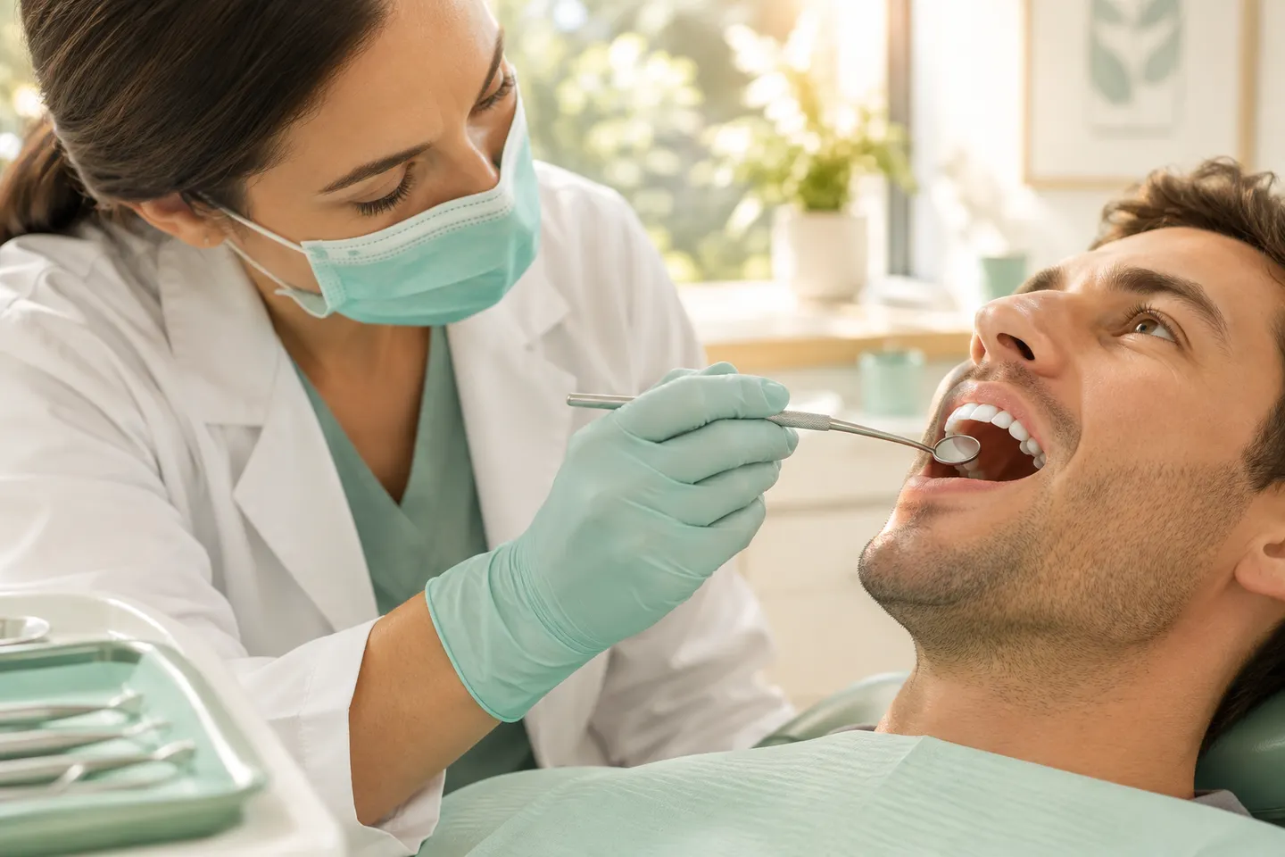Dentist showing a parent a dental model while explaining exam findings