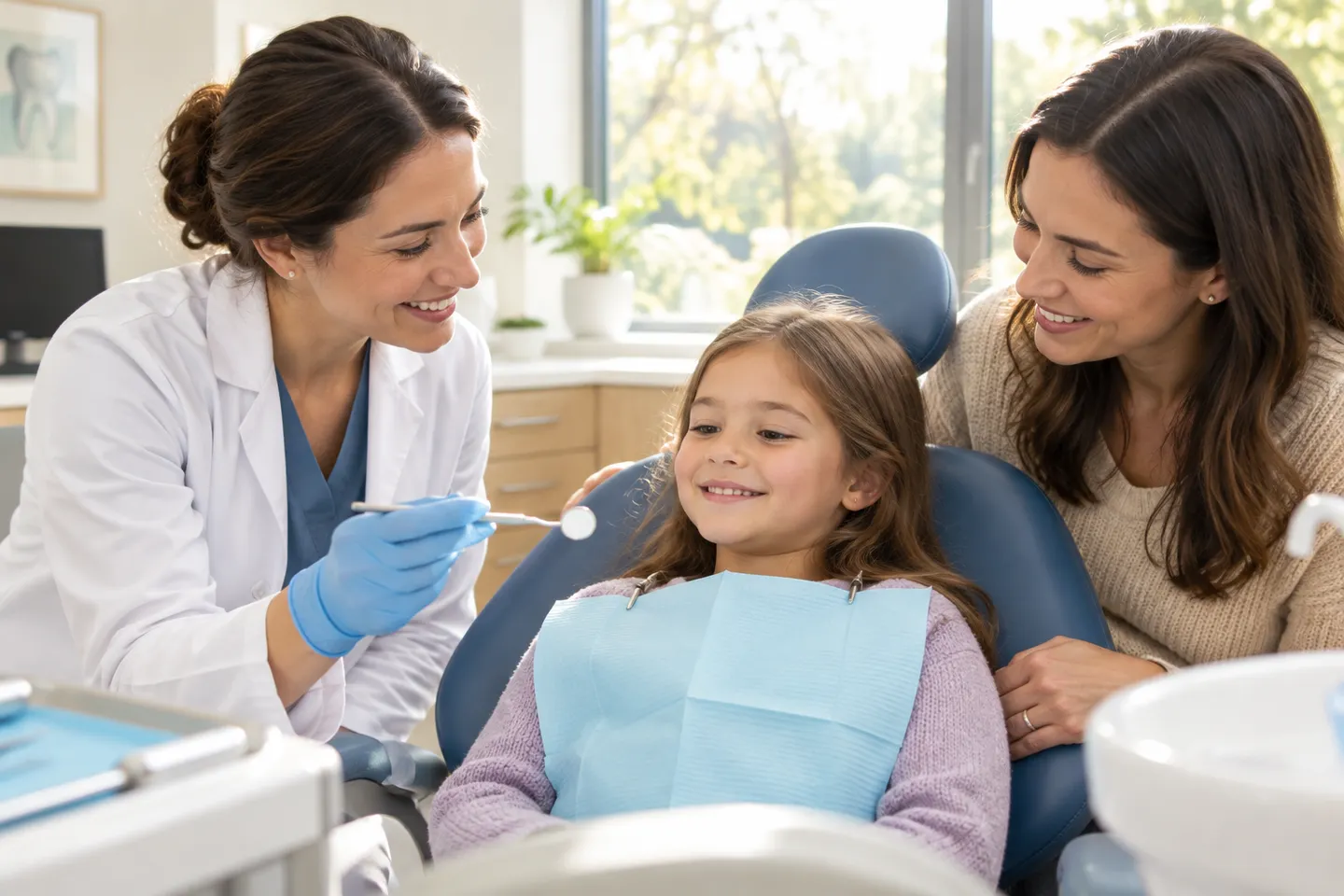 Illustrative dentist showing a dental mirror to a child beside a parent