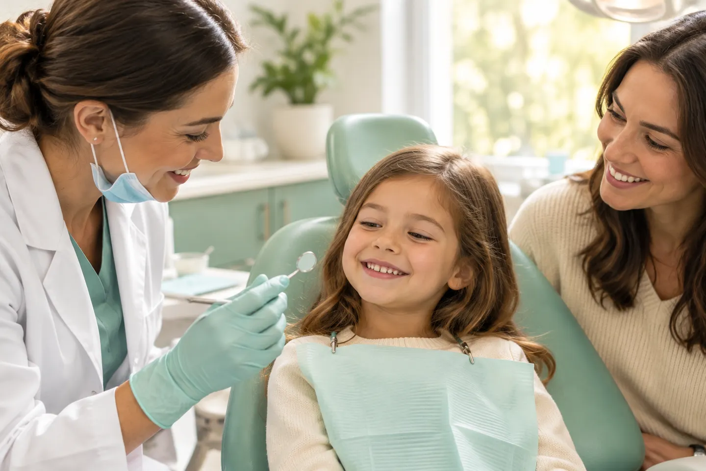 Young child sitting comfortably in a dental chair while a parent holds their hand